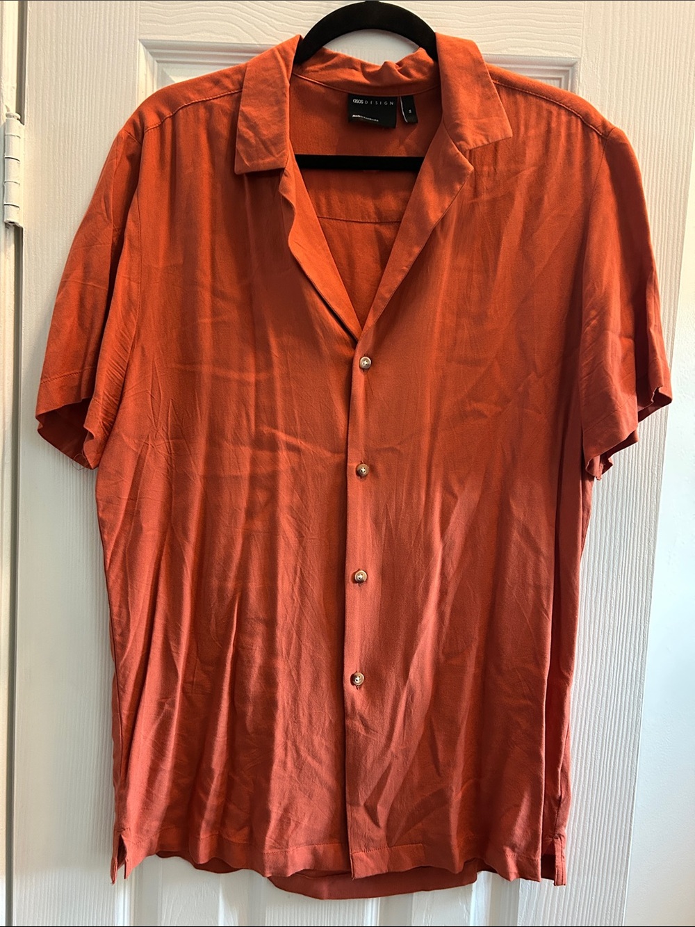 asos design Short-Sleeve Button-Down Shirt in Rust Orange medium 100% Viscose